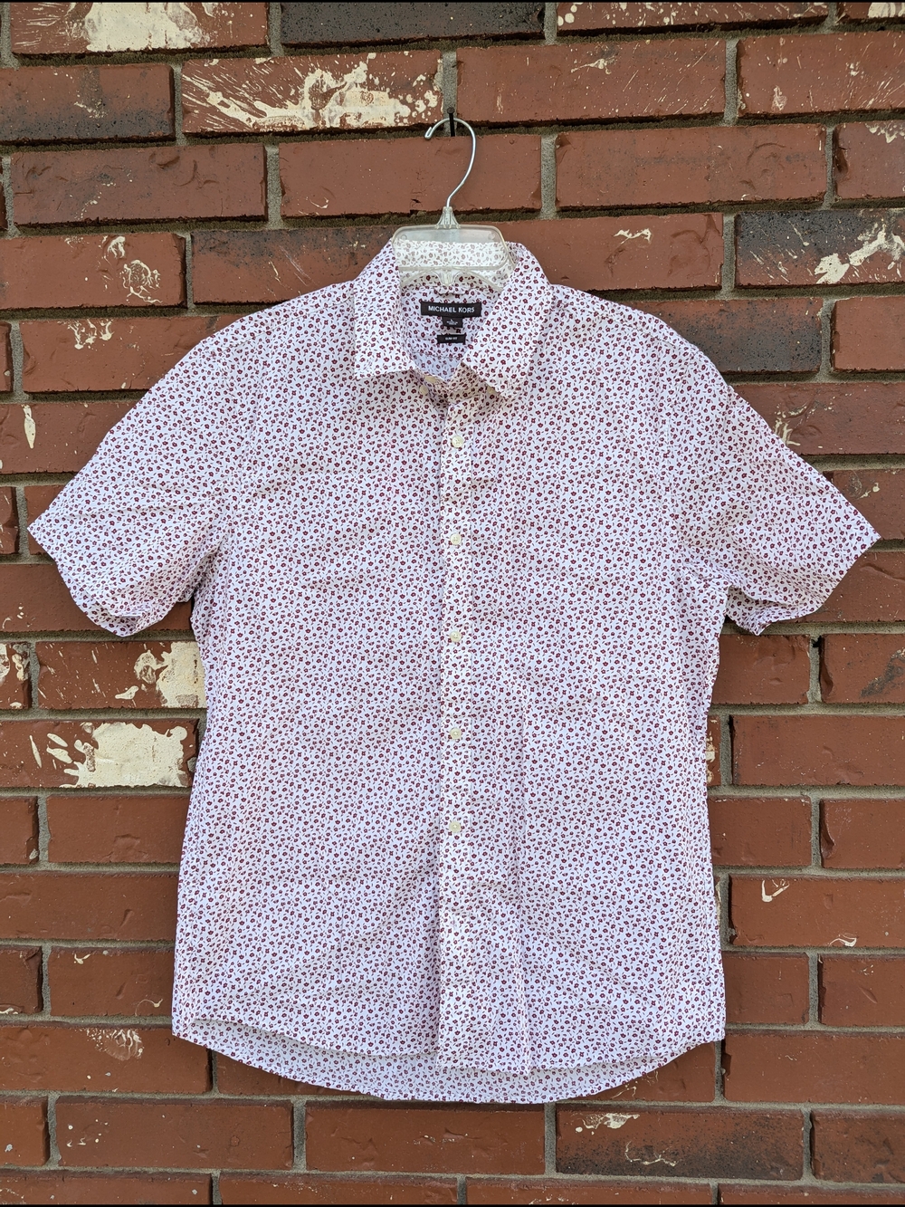 Michael Kors Men's Button Up Shirt Floral Large Short Sleeve White Slim Fit